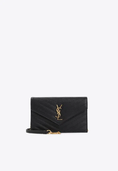 Saint Laurent Cassandre Grained Leather Envelope Chain Clutch In Black