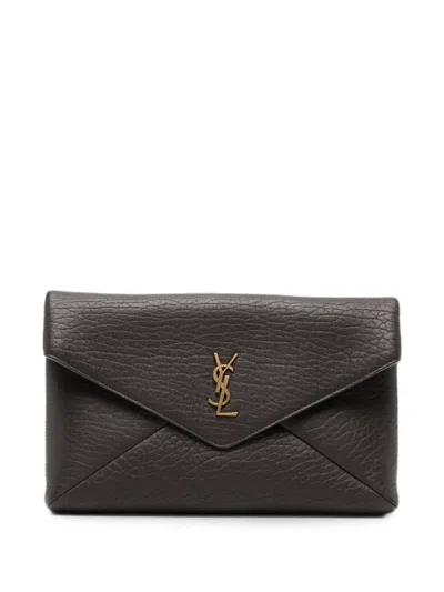 Saint Laurent Cassandre Grained-leather Clutch Bag In Brown