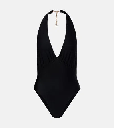 Saint Laurent Cassandre Halterneck Swimsuit In Black