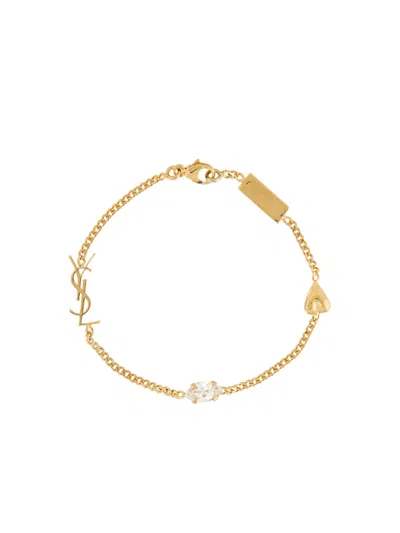 Saint Laurent Heart Charm Bracelet Rhinestones In Gold