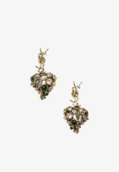 Saint Laurent Cassandre Heart Crystal Earrings In Multi