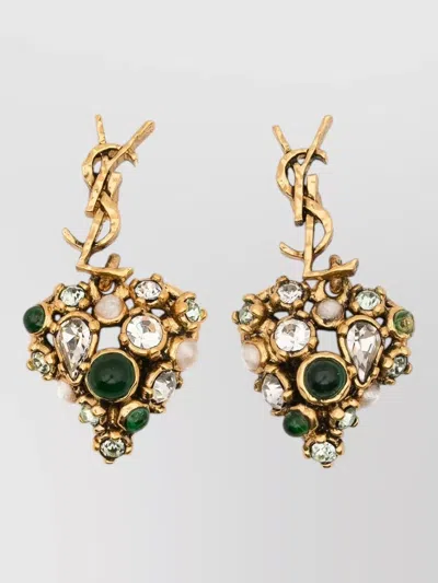 Saint Laurent Cassandre Heart Pendant Crystal Drop Earrings In Gold