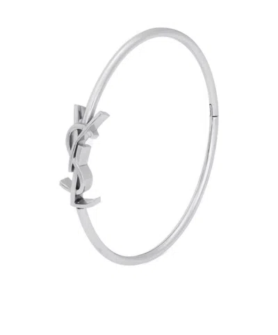 Saint Laurent Cassandre Hinged Bangle In 18k Grey Gold In Silver