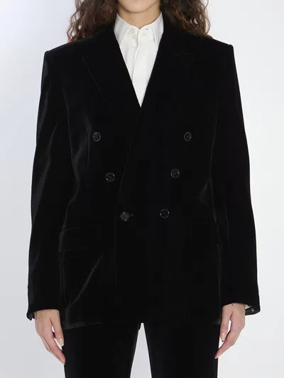 Saint Laurent Cassandre Double-breasted Velvet Jacket In Black
