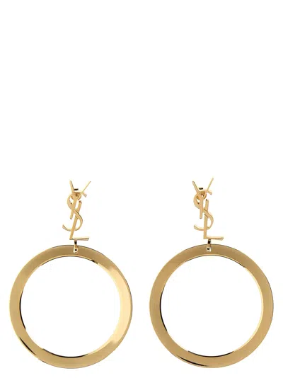 Saint Laurent Cassandre Pendant Hoop Earrings In Metallic