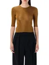 Saint Laurent Quarter Sleeve Knit Top With Logo Detail In Brown