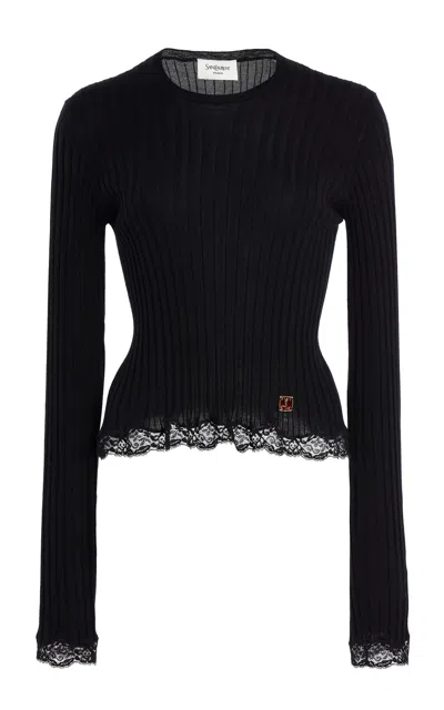 Saint Laurent Cassandre Lace-trimmed Knit Top In Black