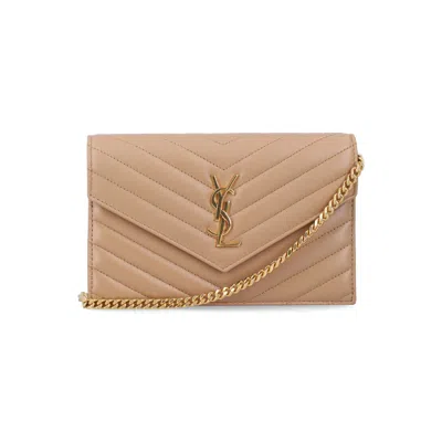 Saint Laurent Cassandre Lambskin Chain Wallet In Brown