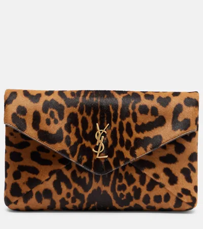Saint Laurent Cassandre Large Calf Hair Clutch In Brown