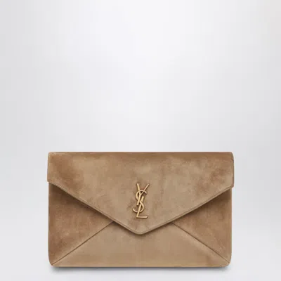 Saint Laurent Cassandre Large Envelope Pouch In Gold Suede In Yellow