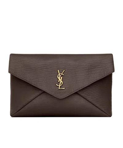 Saint Laurent Cassandre Large Envelope Pouch In Lambskin In Santal