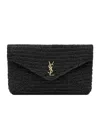 Saint Laurent Cassandre Large Envelope Pouch In Raffia In Black