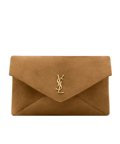 Saint Laurent Cassandre Large Envelope Pouch In Suede In Brown