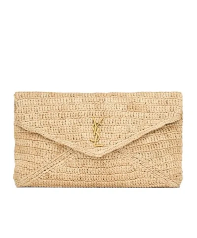 Saint Laurent Cassandre Large Envelope Pouch In Nude