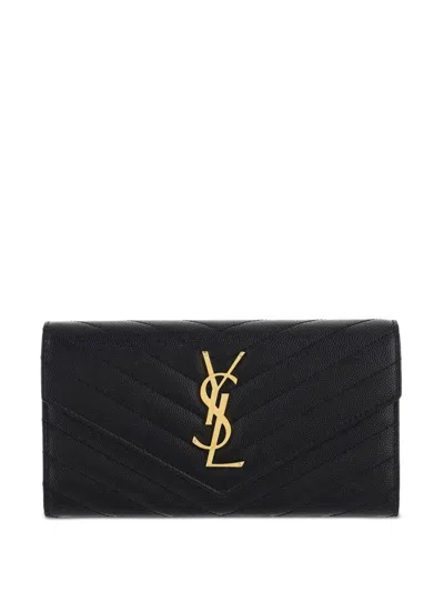 Saint Laurent Cassandre Large Flap Wallet In Quilted Grain De Poudre L In Black