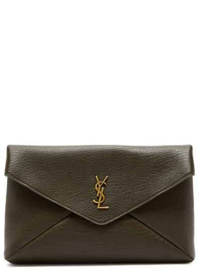 Saint Laurent Cassandre Large Grained Leather Pouch In Khaki