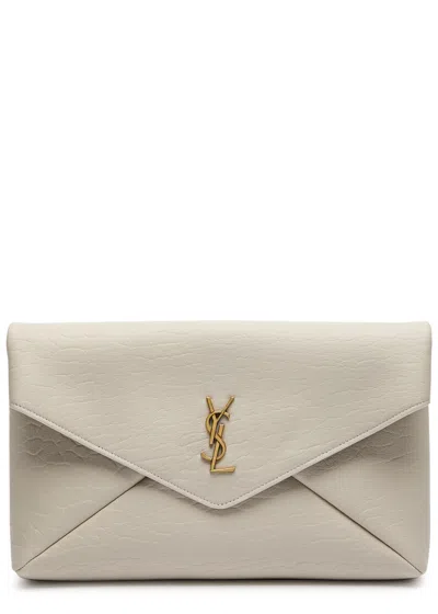 Saint Laurent Cassandre Large Grained Leather Pouch In White
