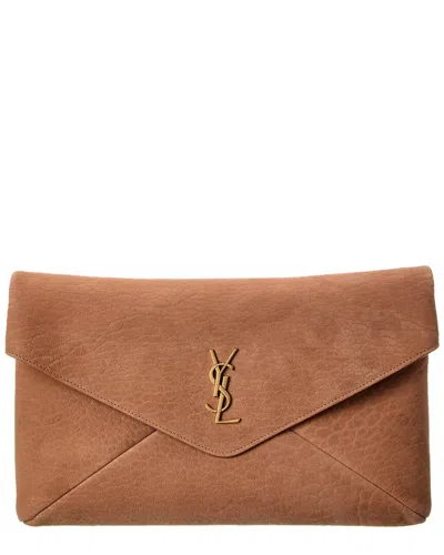 Saint Laurent Cassandre Large Leather Envelope Pouch In Brown