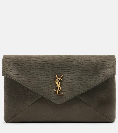 Saint Laurent Cassandre Large Leather Pouch In Gray