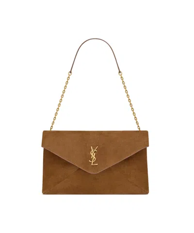 Saint Laurent Cassandre Large Pouch On Chain In Suede In Brown