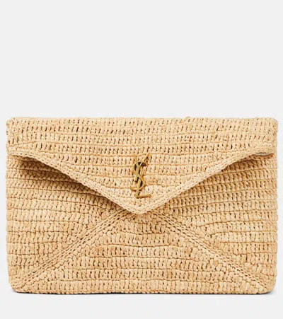 Saint Laurent Cassandre Large Raffia Pouch In Naturel + Brick