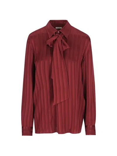 Saint Laurent Cassandre Lavallière Blouse In Striped Silk Jacquard In Red