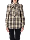 Saint Laurent Tartan Check Long-sleeved Shirt In Neutral