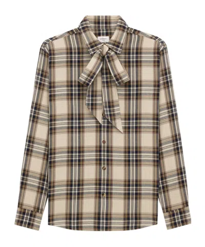 Saint Laurent Cassandre Lavallière Shirt In Cotton Tartan