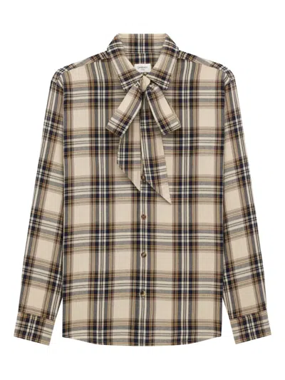 Saint Laurent Cassandre Lavallière Shirt In Cotton Tartan In Neutral