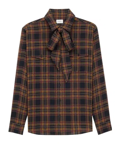 SAINT LAURENT CASSANDRE LAVALLIÈRE SHIRT IN WOOL TARTAN