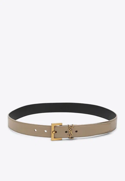 Saint Laurent Cassandre Leather Belt In Sand