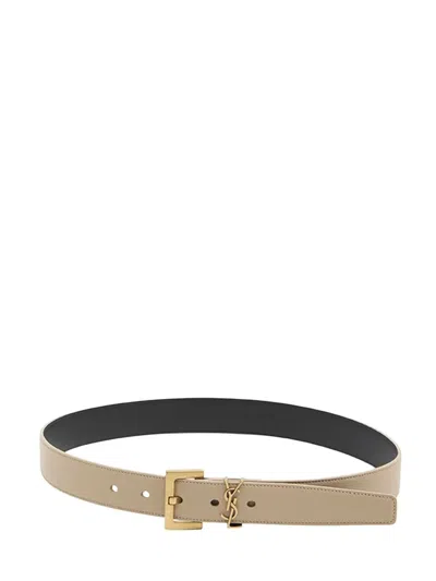 Saint Laurent Cassandre Leather Belt In Neutral