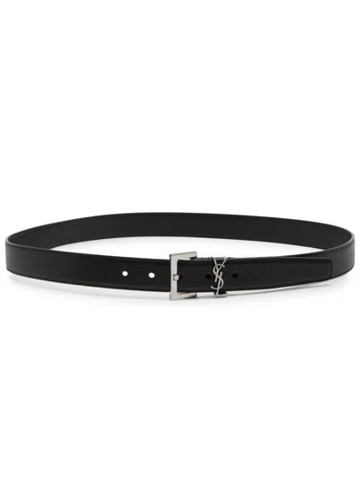 Saint Laurent Cassandre Leather Belt In Black