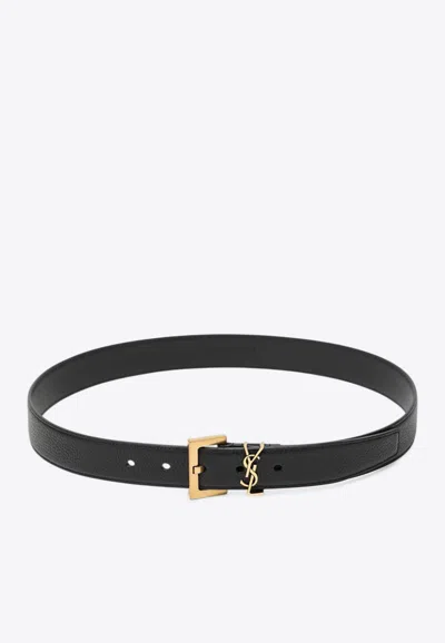 Saint Laurent Cassandre Leather Belt In Black