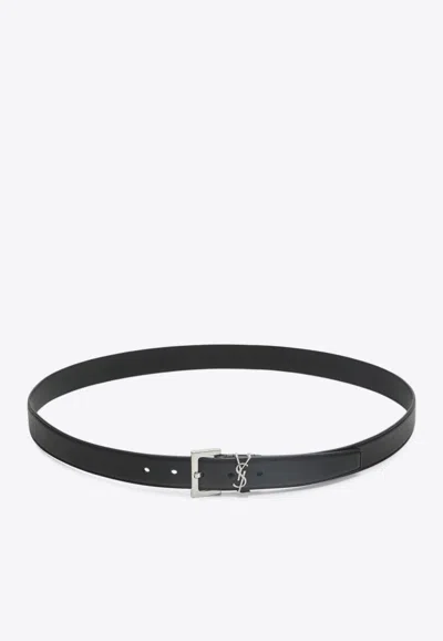 Saint Laurent Cassandre Leather Belt In Black