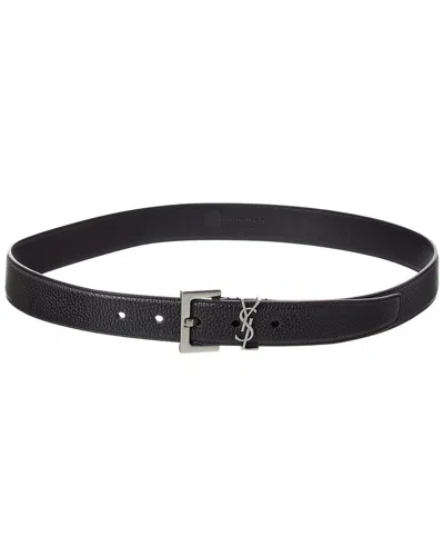 Saint Laurent Cassandre Buckle Grained Leather Belt In Black