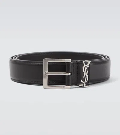 Saint Laurent Cassandre Leather Belt In Black