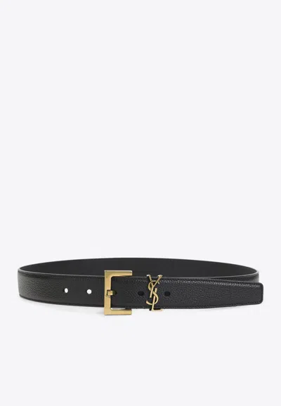 Saint Laurent Cassandre Leather Belt In Black