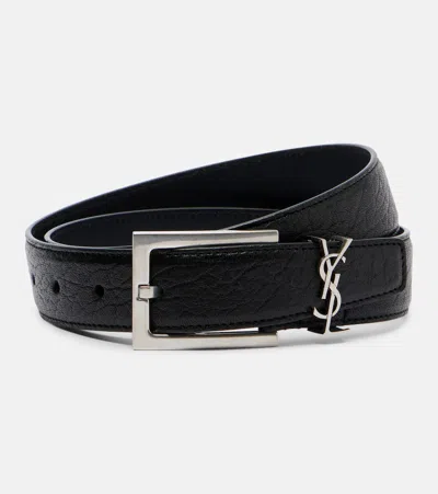 Saint Laurent Cassandre Leather Belt In Black