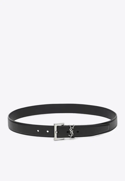 Saint Laurent Cassandre Leather Belt In Black