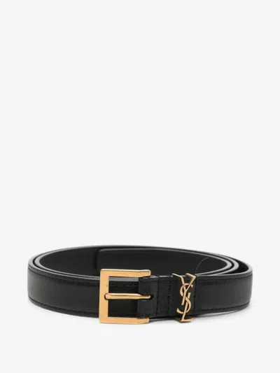 Saint Laurent Cassandre Leather Belt In Blue