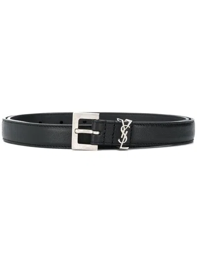 Saint Laurent Cassandre Leather Belt In Black
