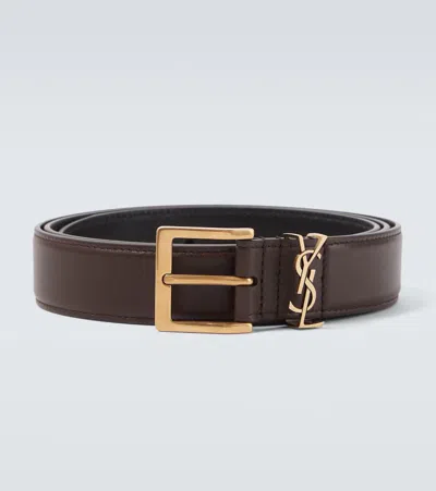 Saint Laurent Cassandre Leather Belt In Brown