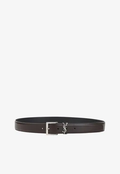 Saint Laurent Cassandre Leather Belt In Brown