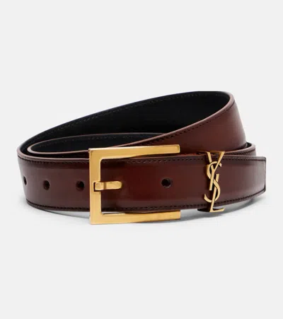Saint Laurent Cassandre Leather Belt In Burgundy