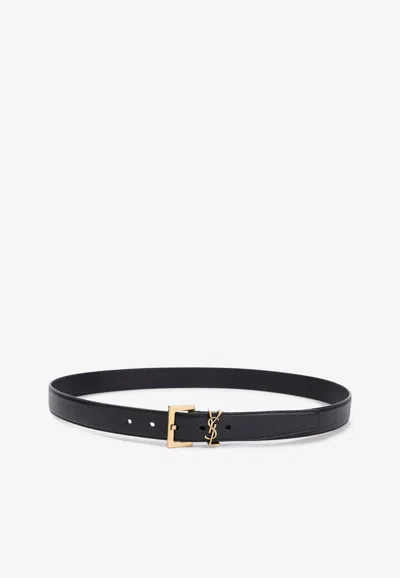 Saint Laurent Cassandre Leather Belt In Nero