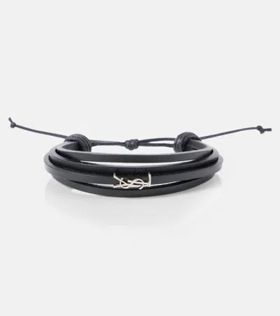Saint Laurent Cassandre Leather Bracelet In Black