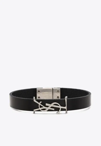 Saint Laurent Cassandre Leather Bracelet In Black