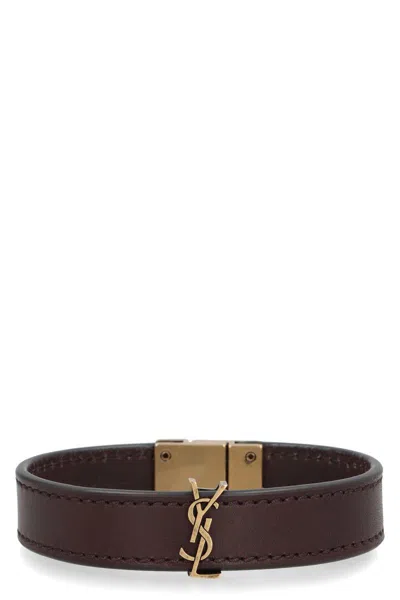 Saint Laurent Cassandre Logo Plaque Bracelet In Brown