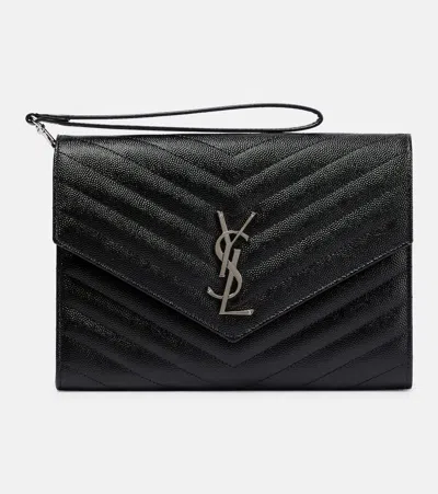 Saint Laurent Cassandre Leather Clutch In Nero